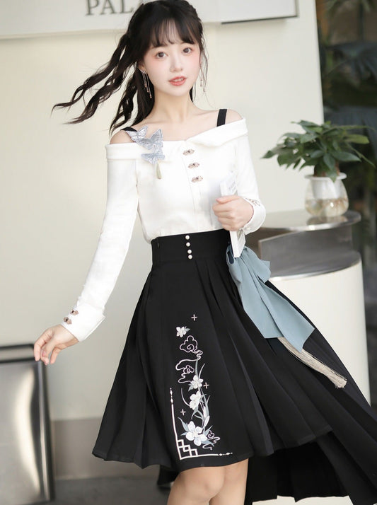 Top Buckle Waist Asymmetrical Skirt + Big Bow Off-Shoulder China High