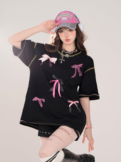 T-Shirt Street Round Print Ribbon American Deco Neck Loose
