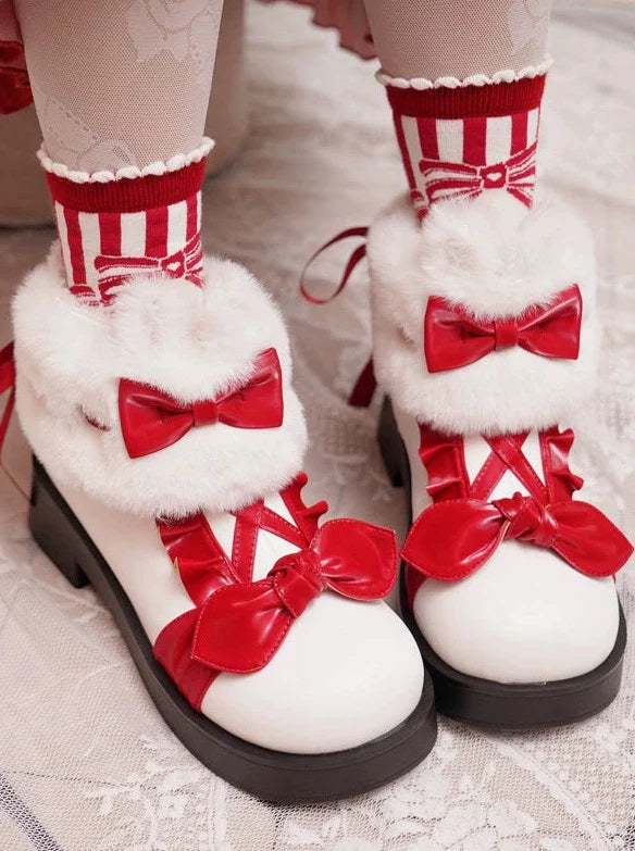 Boots Snow Mid Velvet Color Lolita Block Short Ribbon Heel Sweet