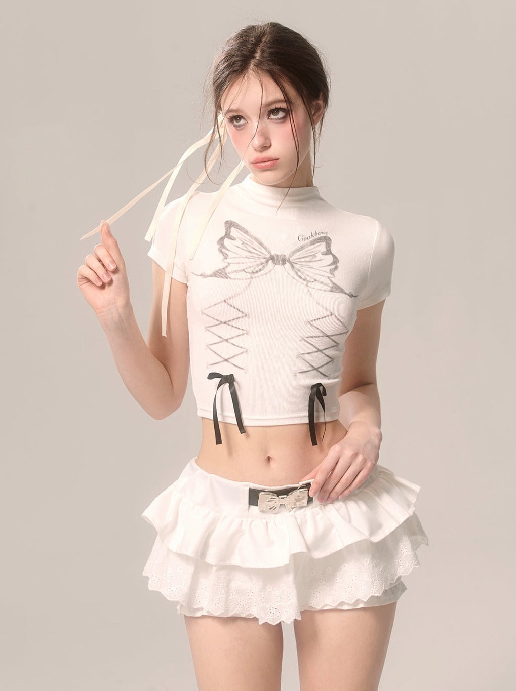 Pearl Ribbon Skirt White French Pants Lace Flared White Eye