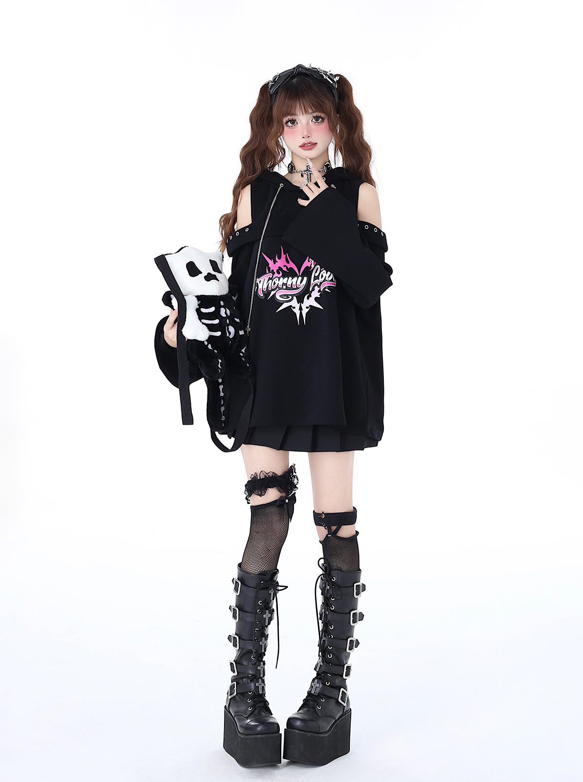 Subculture Punk Leaky Chain Spring Shoulder Original Top Dark Hooded Sweatshirt Rock