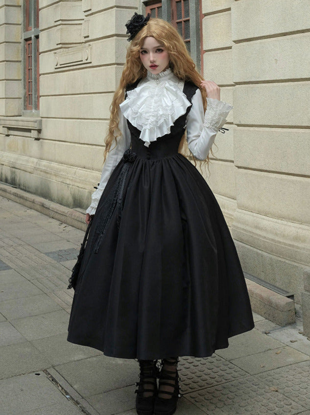 Chemisier en dentelle blanche + veste noire, robe classique noire, style gothique et nuit à volants, voyageuse