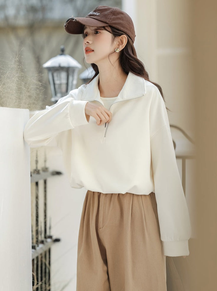 Pullover Zipper Sweatshirt College Style Lapel