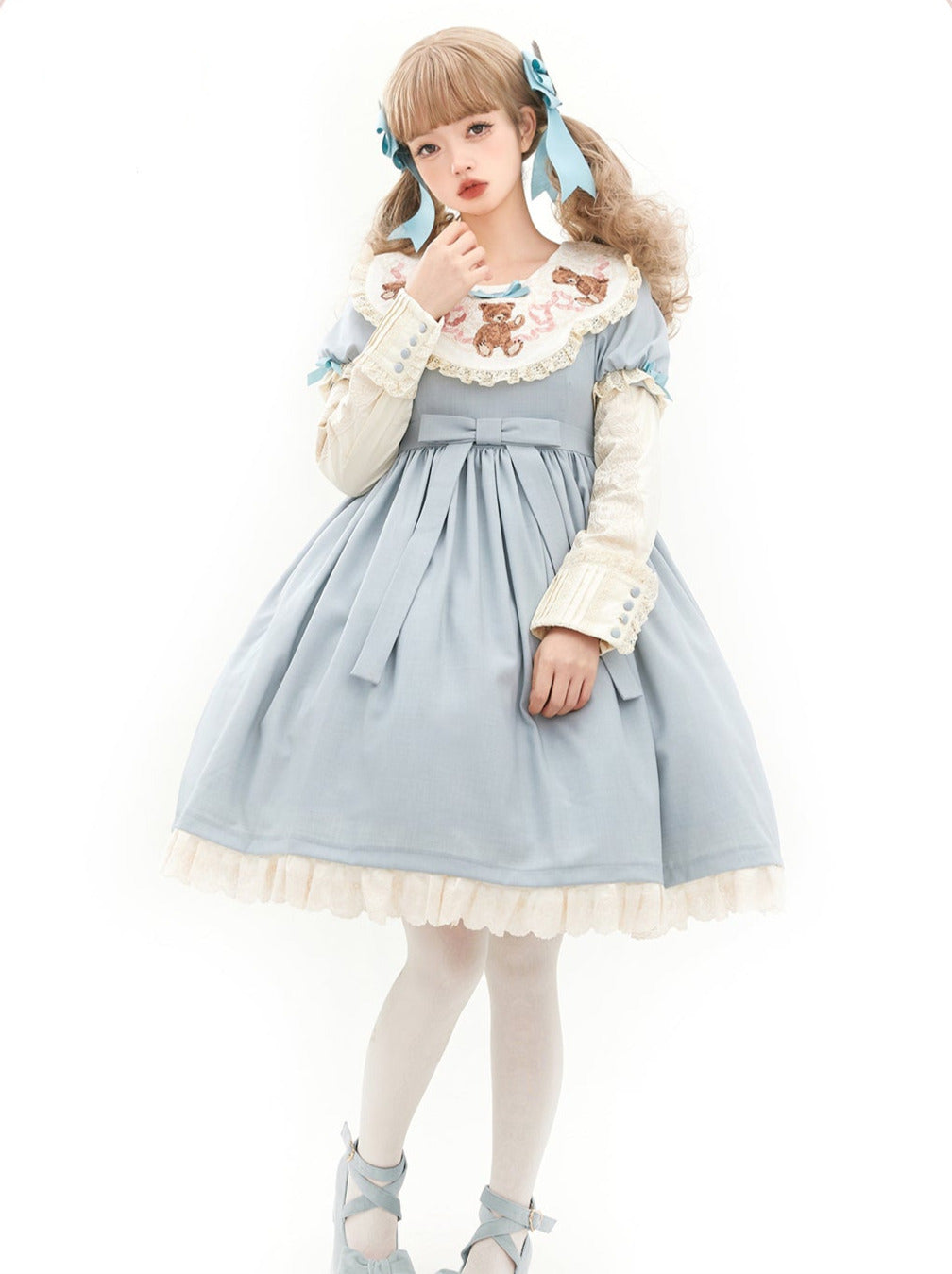 ロリータテディベアフラップレースパフスリーブリボンデレス