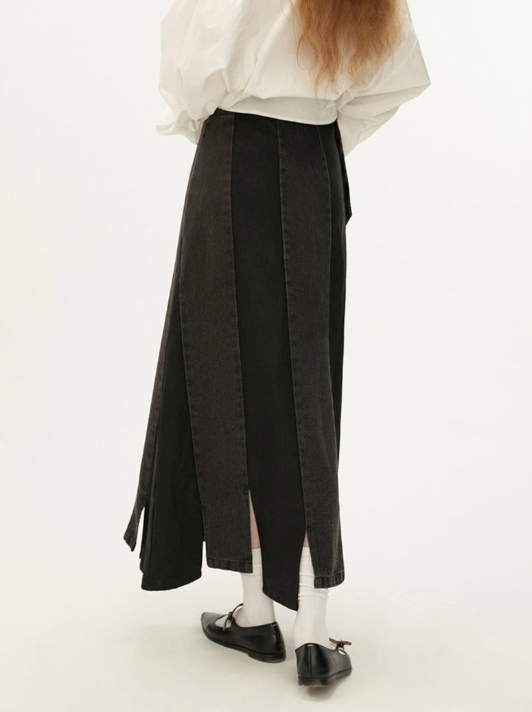 Black Leather Asymmetrical Denim Skirt