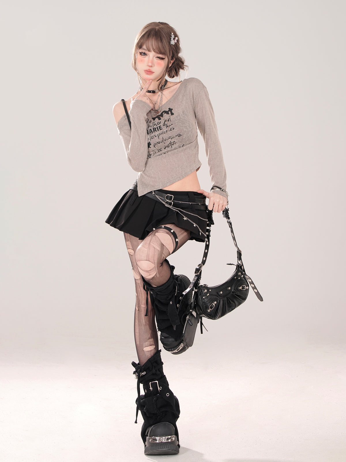 ロングスリットストラップオフショルダーイレギュラーTシアー