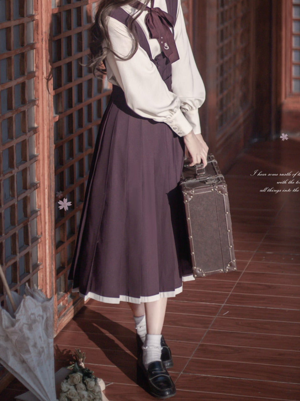 Collar Corsage Dress Retro Shirt Vest Cardigan Stand Knit Ruffle Sleeve + Japanese Ribbon