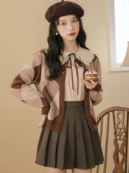 Argyle Skirt Pleated Knit Brown Cardigan Retro