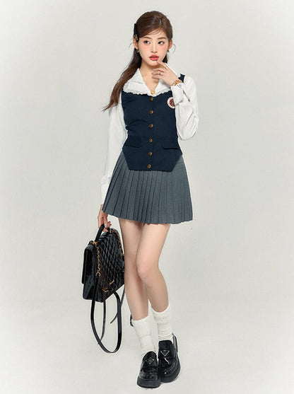 Chemise rétro avec gilet et jupe slim plissée style collège