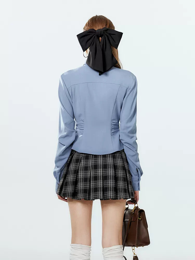 Style Tie Shirt College Waist Diamond Pleated