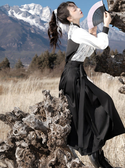 Hosenträger Weste China + Bluse Blume Bi-color Asymmetrisch Dunkel