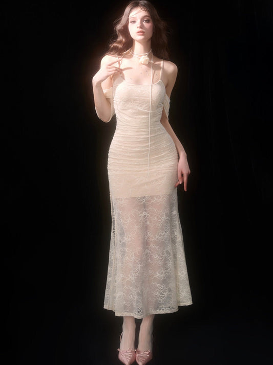 Lace Sheer Dress Apricot Long
