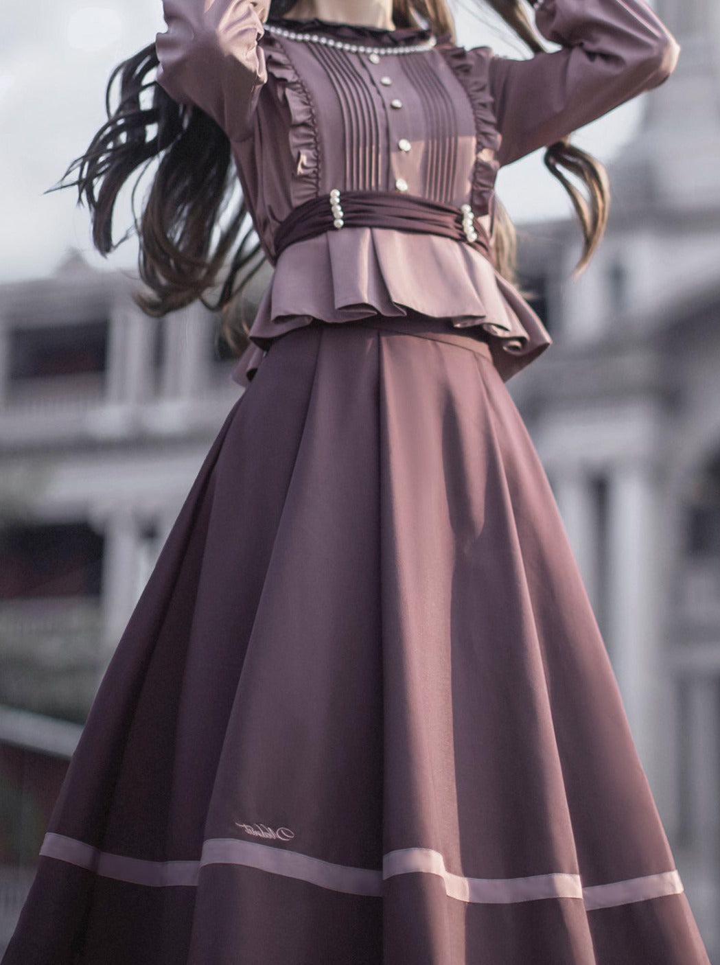 Bow Smoked Elegant Big Top Skirt Purple Flared Retro Purple