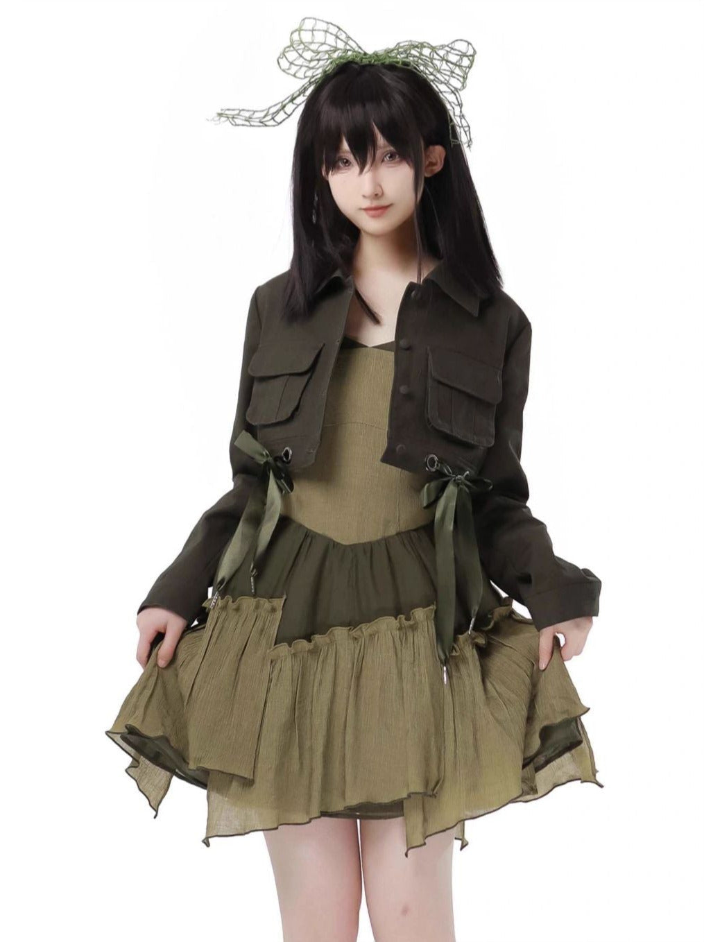 Veste courte américaine en denim vert rétro à licou