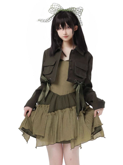 Veste courte américaine en denim vert rétro à licou