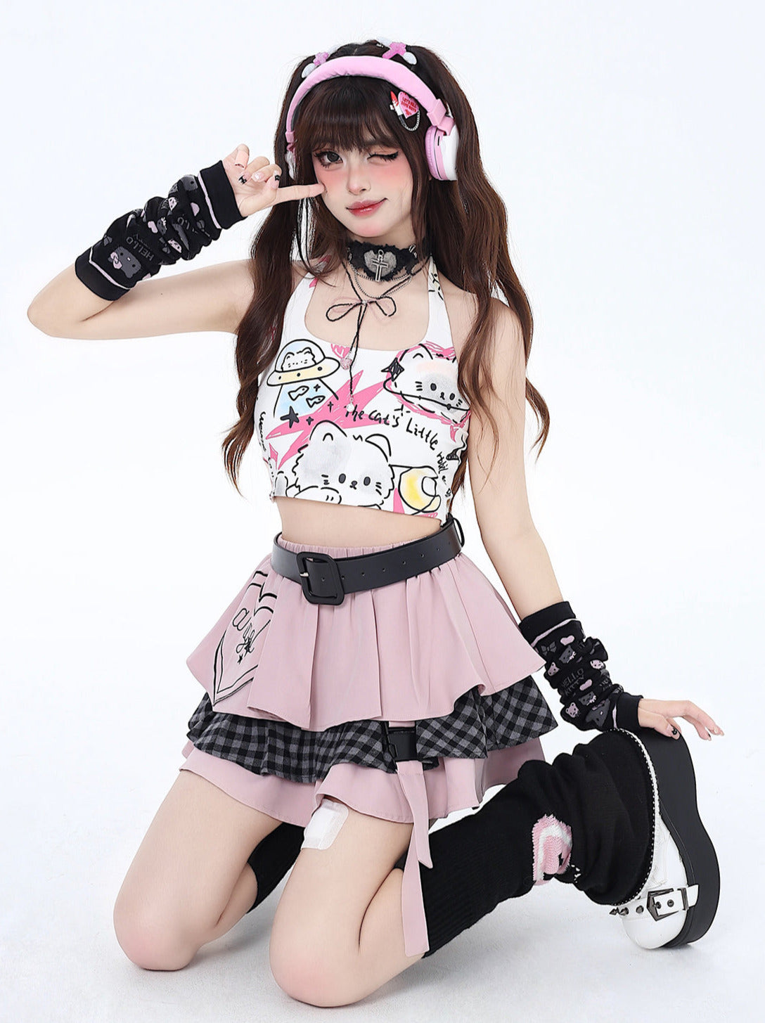 Pure Cute Print Halter Neck Top Graffiti Cat