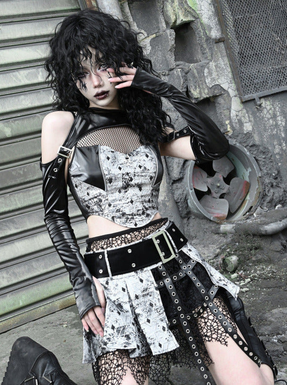 キュロット リキッドプリーツ フィッシュネット パンク ゴス インベイジョン ミニスカート PU