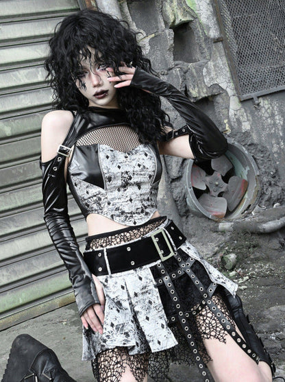 キュロット リキッドプリーツ フィッシュネット パンク ゴス インベイジョン ミニスカート PU