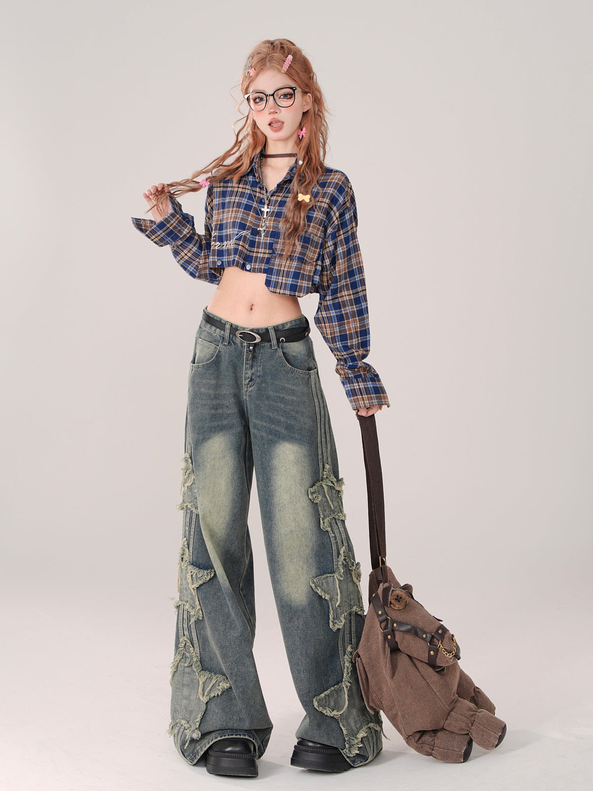 Poloshirt mit Karo-Kragen und langem, abnehmbarem, lockerem