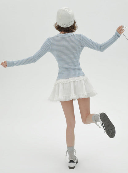 Knit Collar Light Stripe Top Blue Suit