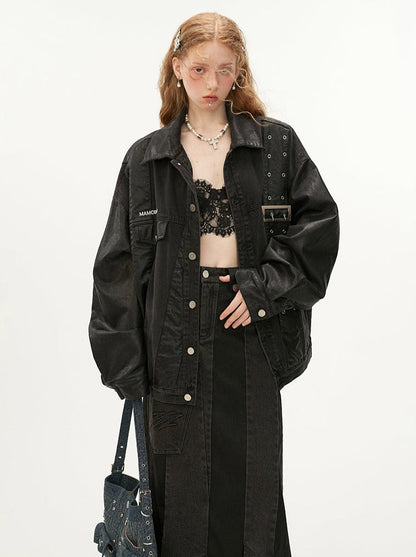 Veste en denim à bretelles en cuir