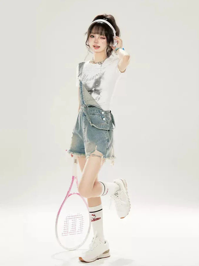 Damaged Washed Denim Shorts Overalls