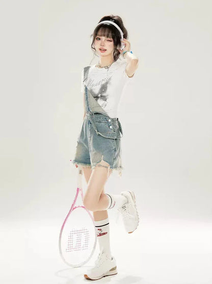 Damaged Washed Denim Shorts Overalls