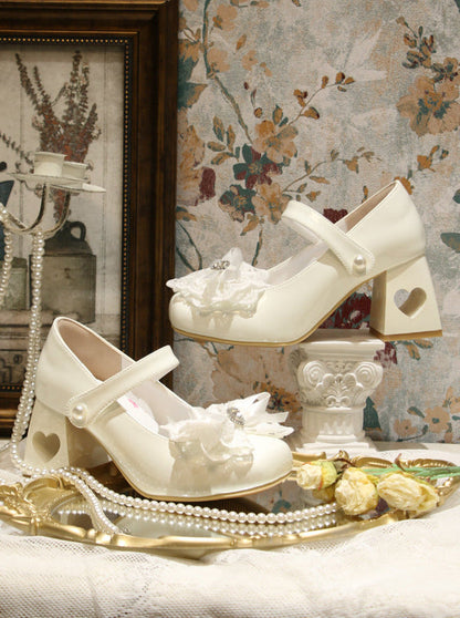 Chaussures élégantes à talons carrés en dentelle et ruban, bout pointu, Lolita Love