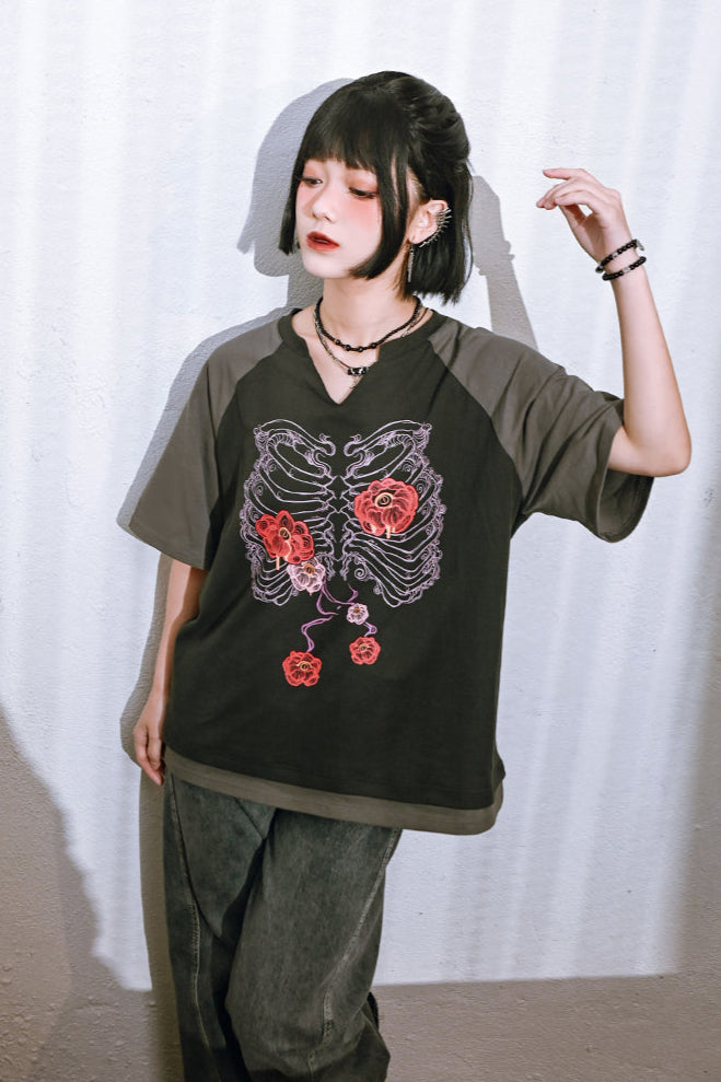 Bone Flower Bicolor Raglan Top V-Neck