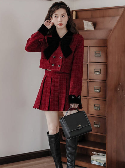 Jupe veste + tweed plissé rétro girly foncé
