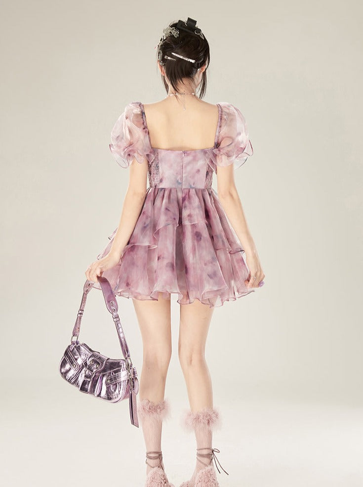 Dream Dress Sleeve Purple Flower Old Sheer Puff