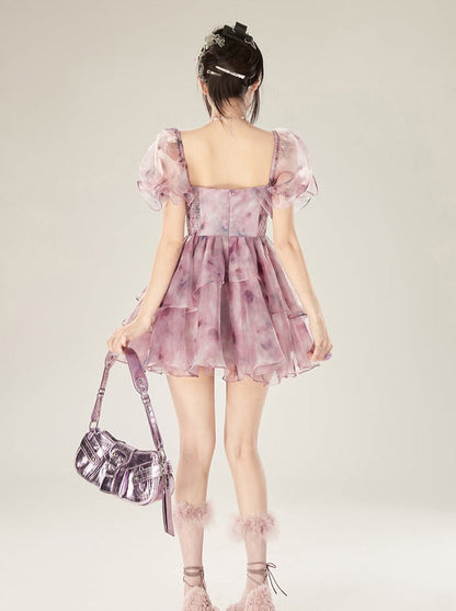Dream Dress Sleeve Purple Flower Old Sheer Puff