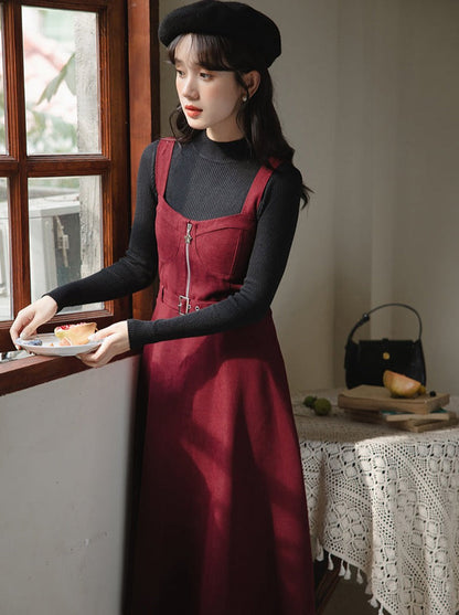 Slim Knit Retro Half + Suspender Turtleneck Skirt