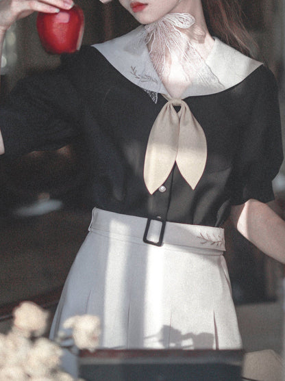 Chemise élégante à manches courtes et oreilles de lapin marin français, style rétro, col bouffant, jupe plissée
