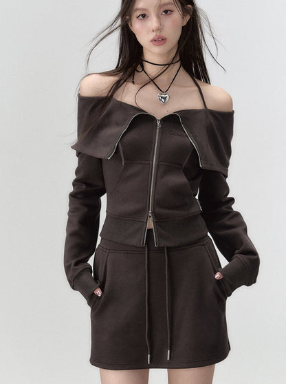 Off-the-shoulder + strap sweatshirt skirt zip-up top