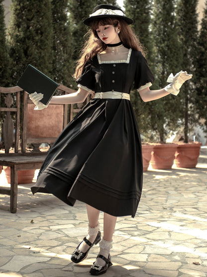 Square Black Pearl Waist Necklace French Collar Dress Black Ribbon Catsuit Retro