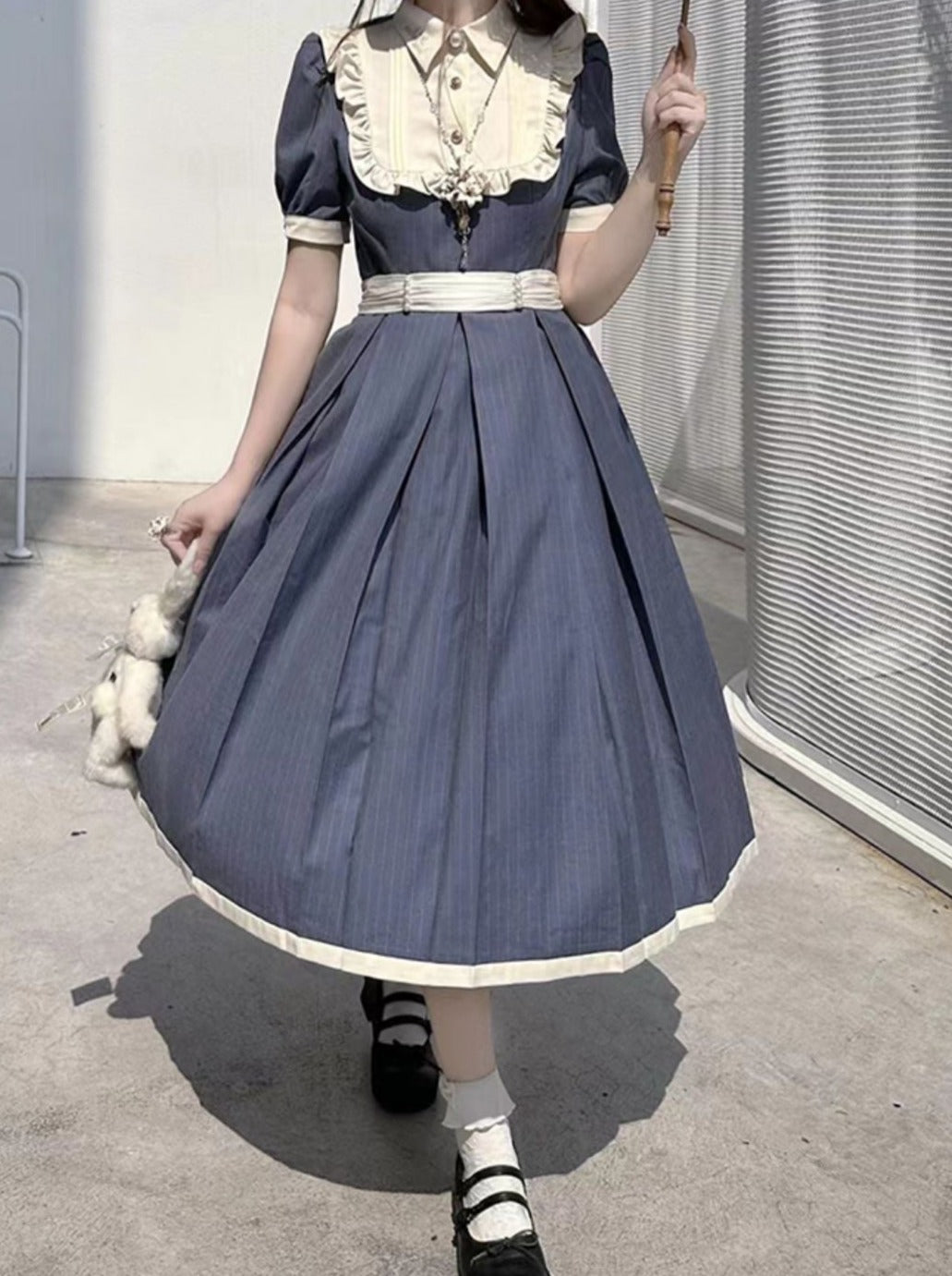 Summer Belt Waist + Collar Dress Ruffle White Retro