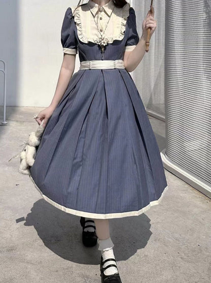 Summer Belt Waist + Collar Dress Ruffle White Retro