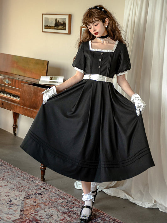 Collier de taille carré en perles noires, robe à col français, combinaison noire à ruban rétro