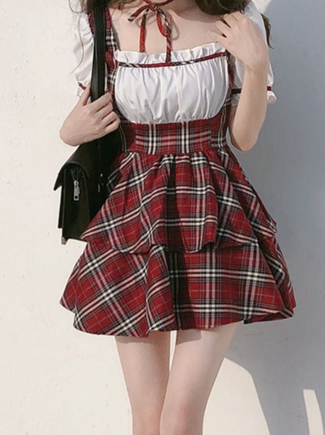 Pants Puff Scottish + Choker Ribbon Puffy Sleeve Cake + Check Dress Red