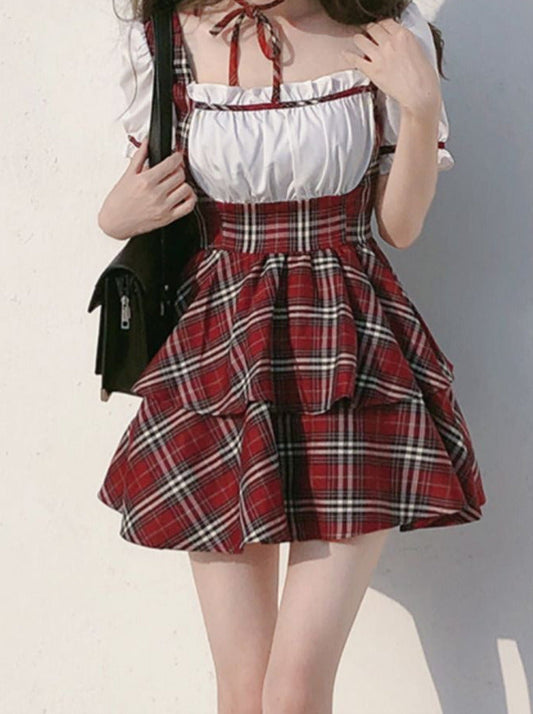 Pants Puff Scottish + Choker Ribbon Puffy Sleeve Cake + Check Dress Red