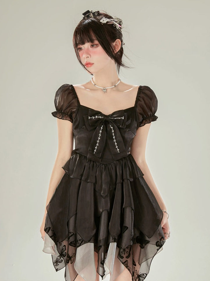 Sleeveless Bow Black Puff Ribbon Dress