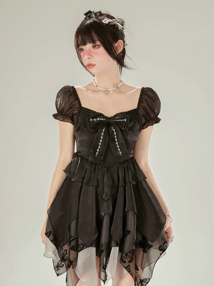Sleeveless Bow Black Puff Ribbon Dress