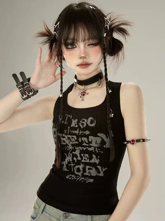 Tank Letter Black Top American Design Print