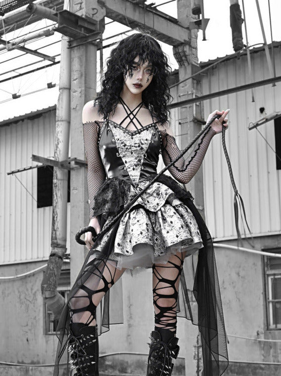 PU Suspender Punk Halter-neck Mesh Metallic Off-the-shoulder Tulle + Top Dress Sheer