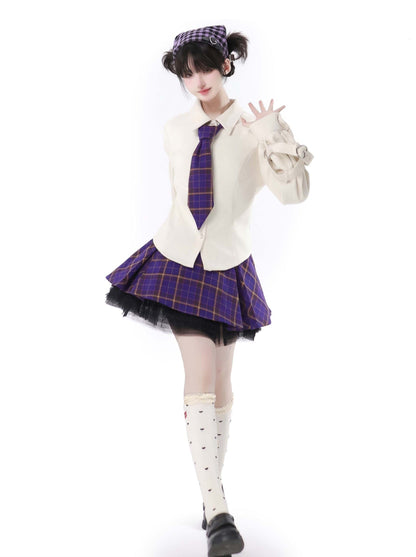 Multi -pocket Taro Purple Jacket Knit Best Skirt Suit