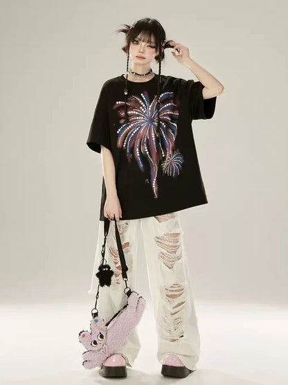 Lockeres T-Shirt Fireworks Schwarz Print