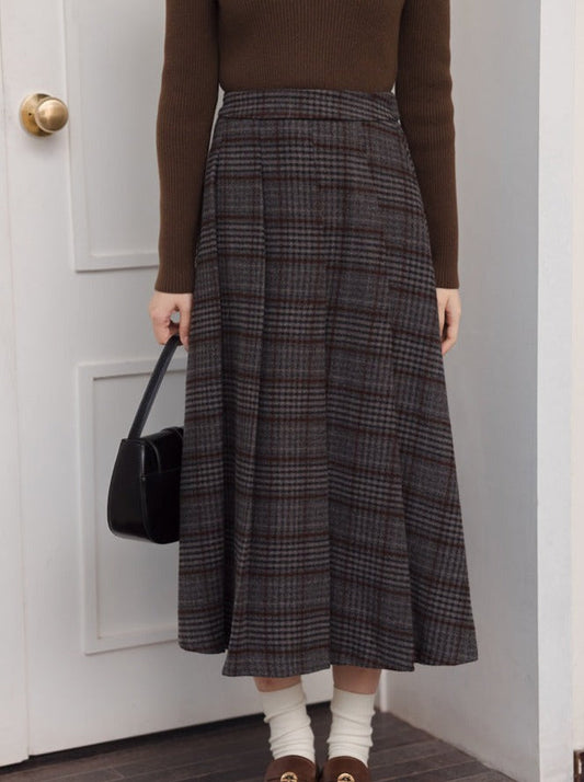 Gray Skirt Check Pleated Long Retro