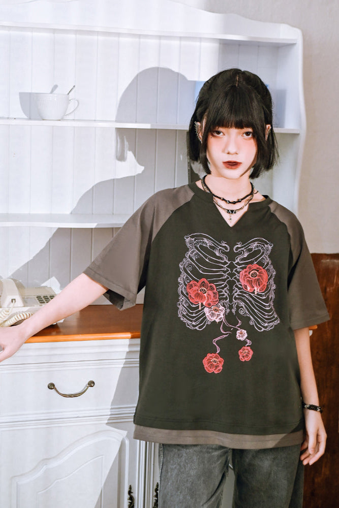 Bone Flower Bicolor Raglan Top V-Neck