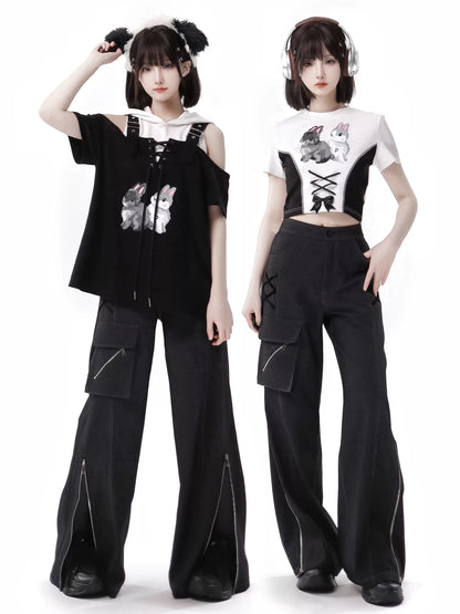 Pantalon à bretelles design d'été, lapin, épaules dénudées, sweat à capuche noir et blanc, costume